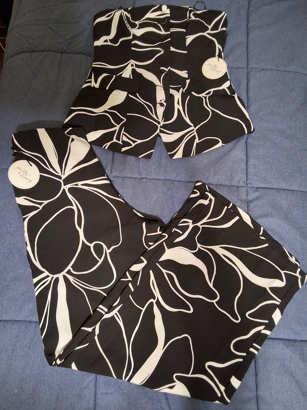 Black & White Floral Strapless Peplum Top and Pants Set by (unbranded)